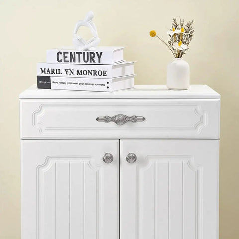 Round Drawer Pulls With Backplates Ten Pack One And One Quarter Inch Knob And Five And Four Fifths Inch Plate Silver Brushed Nickel Cabinet Hardware on white cabinet