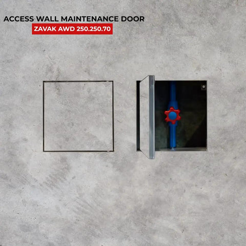 Tough As Nails 9 8 Inch Square Access Panel With Tile Ready Cover And Snug Magnetic Latch, open view showing plumbing valve.