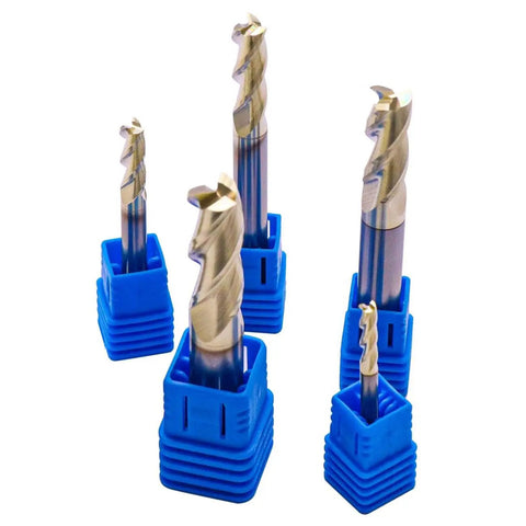 Pro Grade Solid Carbide End Mill Set For Aluminum 5 Pcs One Eighth To Three Eighths Inch ZRN Coated 3 Flute CNC router bits in blue holders