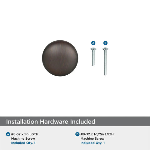 Oil Rubbed Bronze Cabinet Knob, 1-1/4 Inch Diameter, Edona Drawer Knob with installation screws included in pack.