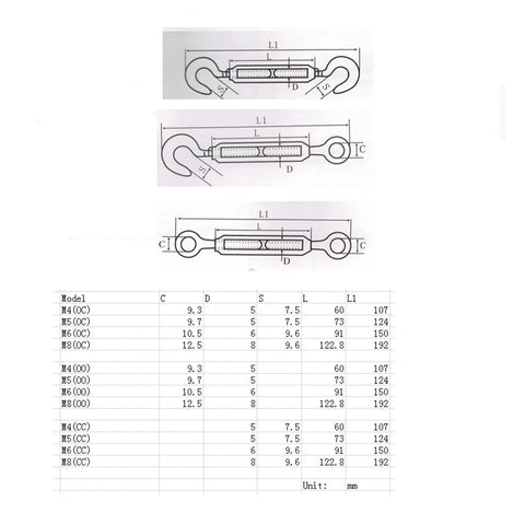 Premium 304 Stainless Steel Turnbuckle Wire Rope Tensioner With Eye Screw Hook Rigging Hardware Works Like A Charm For Clothesline Projects And Provides Rock Solid Adjustment In M4 M5 M6 M8 dimensions diagram with detailed size specifications.