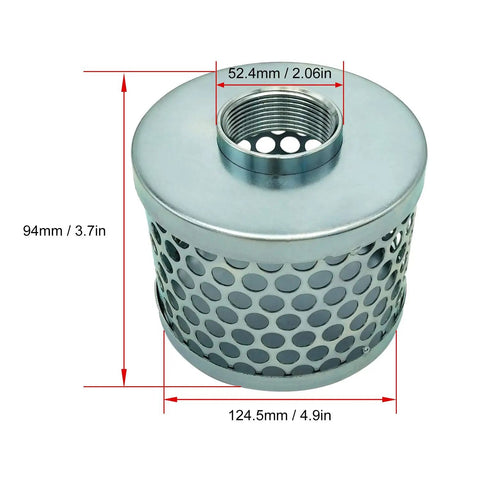 Round Hole Suction Strainer For Pumps, Plated Steel 1.5 Inch Thread, Rust Resistant And Debris Guard, industrial view with measurements