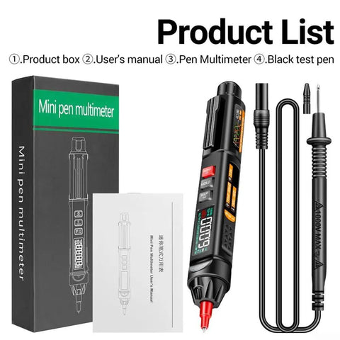 Grab And Go Handy Digital Multimeter Pen With Voice Readouts A3009, product box, user manual, and detachable probe
