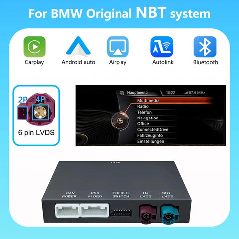 Wireless CarPlay Android Auto Retrofit Kit Decoder Box For BMW NBT System with multimedia screen and connectors visible.