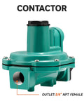 Roastove LP-Gas 2nd-stage regulator, green metal body, 3/4 in NPT female outlet.