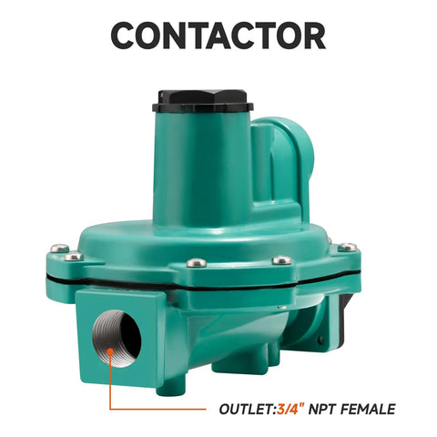 Roastove LP-Gas 2nd-stage regulator, green metal body, 3/4 in NPT female outlet.