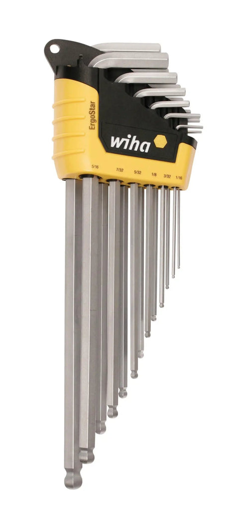 ErgoStar Ball End Hex Key Set, 13 Piece, Inch Sizes, Auto Open Holder, Chrome Vanadium Molybdenum Steel, 60 HRC Hardened for Tough Longevity, Includes Sizes.050, 1/16, 5/64, 3/32, 7/64, 1/8, 9/64, 5/32, 3/16, 7/32, 1/4, 5/16, 3/8