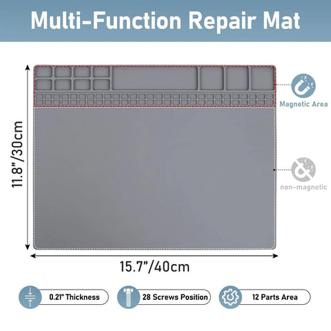 Magnetic Silicone Soldering Mat For Electronics Repair, Heat Resistant Work Pad With Magnetic Tray shown with dimensions.