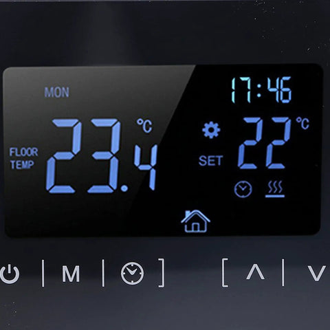 Floor Heating Thermostat With 16A Dual Temperature Control For Electric Heating Systems, Smart Memory, Auto Mode, Frost Protection, 5 To 50 C Range, AC 85V To 240V, Easy Setup Keeps Your Home Cozy black touchscreen displaying 23.4°C