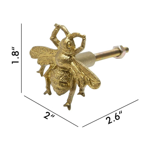Set Of 6 Vintage Gold Zinc Bee Shape Cabinet Knobs For Doors Drawers And Dressers With Decorative Metal Hardware Pulls For Home Furniture In Antique European Style, close-up view showing dimensions and gold finish.