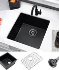 Overhead view of Undermount 21 Inch Black Bar Sink With Bottom Grid For Outdoor RV Kitchens And Home Wet Bars Granite Quartz Composite Material Single Bowl Scratch Resistant Heat Resistant Nonporous Hygienic Surface Easy To Clean Perfect Prep Station.
