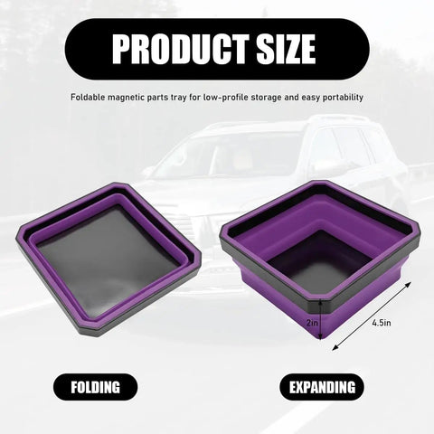 Collapsible Magnetic Parts Tray With Double-Sided Base, 4.5 Inch Square Silicone Tool Tray in folding and expanding views