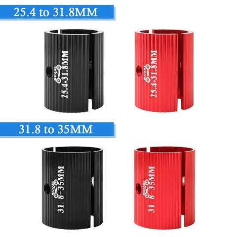 Lightweight Aluminum Alloy Bike Handlebar Shim Conversion Spacer 25.4mm To 31.8mm For MTB Cycling Black CNC Machined Clamp Adapter With High Friction Wavy Grip Surface, black and red shims displayed with sizes