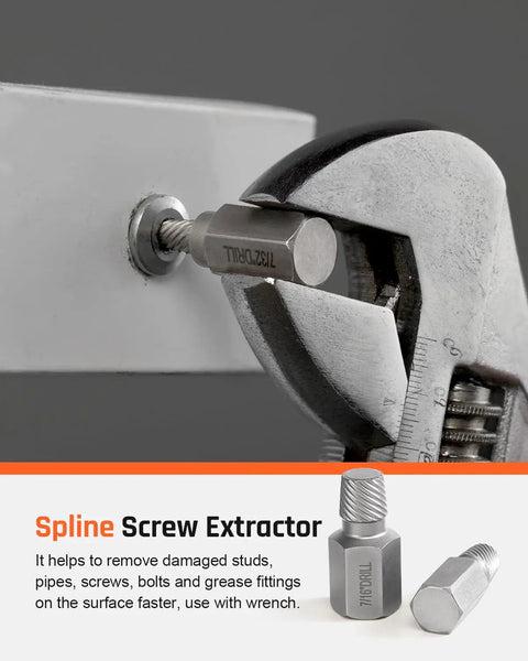 Close-up of a wrench using the 39 Piece Bolt Extractor Kit With Left Hand Drill Bits And Multi Spline Extractors to remove a bolt