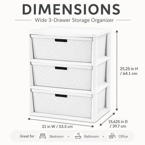 Wide Three Drawer Plastic Storage Tower With Cross Weave Removable Bins For Keeping Your Space Looking Fresh While Solidly Organizing Clothes And Daily Essentials