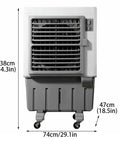 Heavy Duty Swamp Air Cooler With Deep Water Reservoir Ninety Degree Oscillation And Multi Speed Settings, dimensions 138x74x47cm.