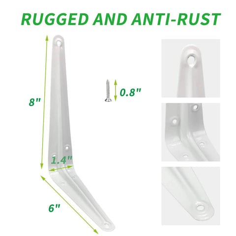 Heavy Duty 8 Inch White Metal Shelf Brackets 20 Pack L Shaped Adjustable Floating Shelf Brackets 8x6 Inch Industrial Pipe Decor For Wall With Screws Included, showing dimensions and screw hole details.