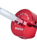 Close-up of red DIY Friendly Plastic Pipe Fitting Reamer for One and a Half Inch PVC Schedule 40 Pipe, fits standard drills
