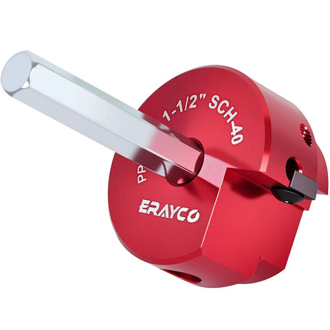 Close-up of red DIY Friendly Plastic Pipe Fitting Reamer for One and a Half Inch PVC Schedule 40 Pipe, fits standard drills