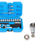 29 Piece Heavy Duty Through Hole Ratchet Socket Set Metric 12 Point Tool Kit Featuring Slick Rolling 72 Tooth Mechanism, in a blue carry case.