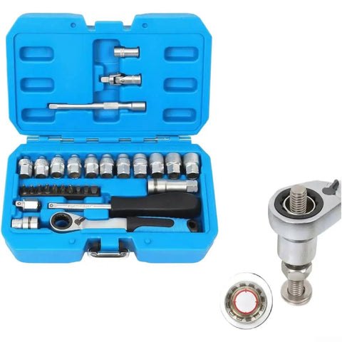 29 Piece Heavy Duty Through Hole Ratchet Socket Set Metric 12 Point Tool Kit Featuring Slick Rolling 72 Tooth Mechanism, in a blue carry case.