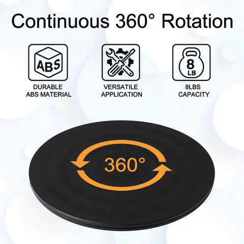 8 Inch Heavy Duty Turntable Stand With Non Slip Swivel Base And Steel Ball Bearings, 360 Degree Rotation For Plants Monitors TVs Models And Crafts, Built Tough With Smooth Jam Free Spin, showing 360° rotation icon on black base