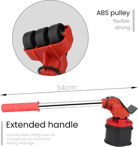 Heavy Duty Furniture Lifter And Mover Set With Four Smart Sliders, showing ABS pulley and extended handle for easy lifting.