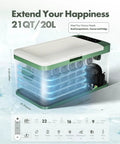 12 Volt Portable Refrigerator 21 Quart Car Fridge Cooler showing dual compartments for food and drinks, dimensions 24.21x13.19 inches.