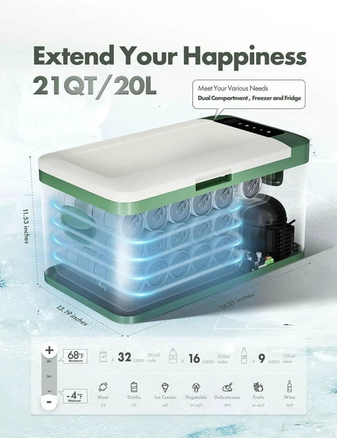 12 Volt Portable Refrigerator 21 Quart Car Fridge Cooler showing dual compartments for food and drinks, dimensions 24.21x13.19 inches.