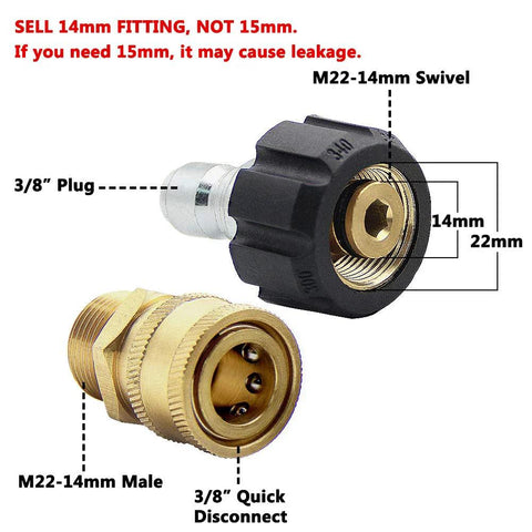 Close-up of pressure washer adapter set, two brass and black pieces with M22-14mm swivel to 3/8-inch quick-connect fittings