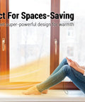 Woman with headphones next to 1500W Electric Space Heater Portable With Thermostat And PTC Ceramic Heating Quick Heat Indoors