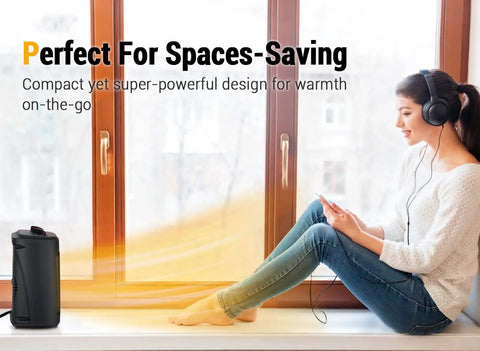 Woman with headphones next to 1500W Electric Space Heater Portable With Thermostat And PTC Ceramic Heating Quick Heat Indoors