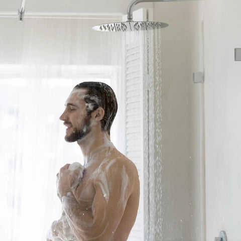 High Pressure Rain Shower Head With All Metal Stainless Steel Build 8 Inch Chrome Rainfall Showerhead Delivers Strong Water Flow Even at Low Pressure for a Spa Worthy Shower Experience in use.