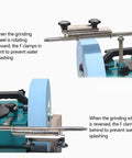 Top Shelf Water Cooled Electric Knife Sharpener Bench Grinder showing F clamps to prevent water splashing on rotating grinding wheel.