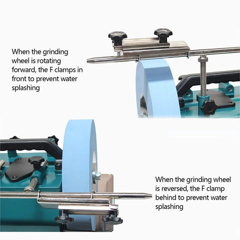 Top Shelf Water Cooled Electric Knife Sharpener Bench Grinder showing F clamps to prevent water splashing on rotating grinding wheel.