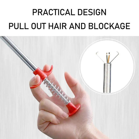 Pro Grade Drain Hair Remover Kit metal clog remover held by hand, focus on practical design to pull out hair and blockage.