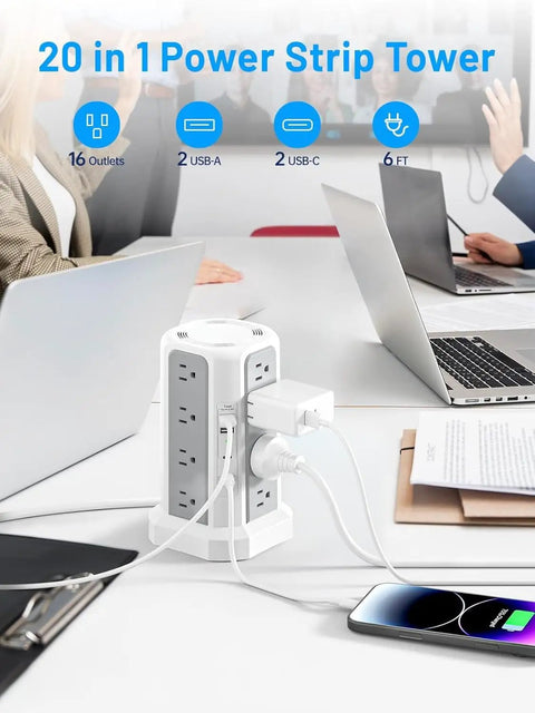 20 In 1 Surge Protector Tower With PD20W USB C Fast Charge, 16 AC Outlets And 4 USB Ports on office desk with laptops