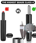 Comparison of two chair gas lift cylinders, highlighting the 1.5mm thick Beefed Up Heavy Duty Class 4 Gas Lift Cylinder Replacement For Office Chairs Universal Size Fits Most Chairs SGS And BIFMA Certified Supports Up To 1000 Pounds Smooth Reliable Operation And Durable Steel Build with caliper measuring. 