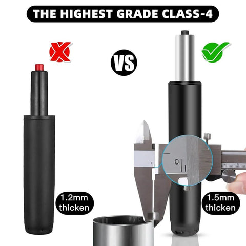 Comparison of two chair gas lift cylinders, highlighting the 1.5mm thick Beefed Up Heavy Duty Class 4 Gas Lift Cylinder Replacement For Office Chairs Universal Size Fits Most Chairs SGS And BIFMA Certified Supports Up To 1000 Pounds Smooth Reliable Operation And Durable Steel Build with caliper measuring. 