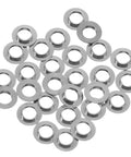 One Hundred Pack Stainless Steel Eyeglass Flat Washers for Glasses Frame Repair Kit, shiny silver convex gaskets arranged.