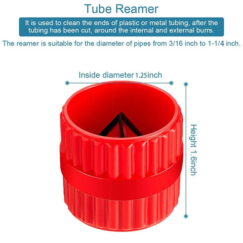 Pipe reamer tool, red cylindrical deburring tool for tubing; inner bore 1.25 inches, height 1.6 inches.