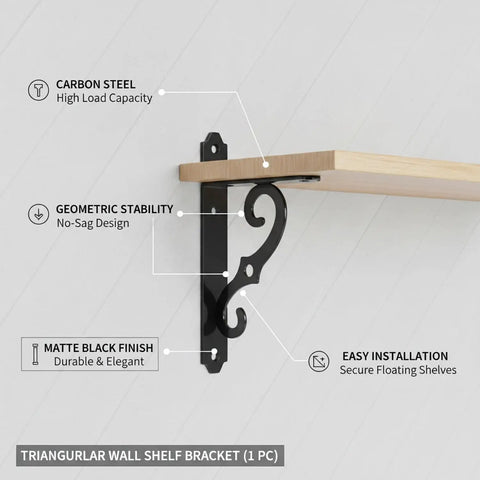 Beefy Triangular Carbon Steel Wall Mount Shelf Bracket For Floating Shelves Heavy Duty Support Matte Black Finish For Modern Industrial Home Decor 1 Pack Great For Display showing design and features