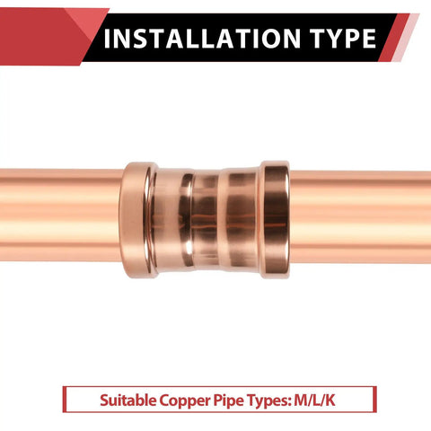 Five Piece 4X4 Inch Copper Press XL Coupling Fittings With Stop fitting on copper tubing type M L K for watertight seal.