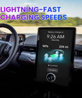 Heavy Duty NACS To CCS1 EV Charging Adapter showing charging speeds in vehicle display, 90% battery and 204 miles range.