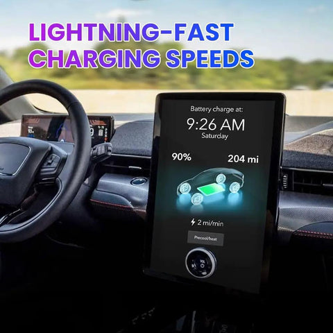 Heavy Duty NACS To CCS1 EV Charging Adapter showing charging speeds in vehicle display, 90% battery and 204 miles range.