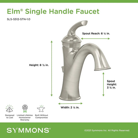 Elm Single Hole Single Handle Bathroom Faucet With Drain Assembly In Polished Chrome WaterSense Certified 1.0 GPM shown with dimensions