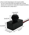 Outdoor Dusk To Dawn Photoelectric Sensor Switch For Easy Install Hard Wired Lighting Auto On Off Post Eye Light Controller DC 8 To 50V Input Works With 12V 24V 36V 48V Systems Waterproof Heavy Duty Case 5 Amp Load with dimensions and wiring notes