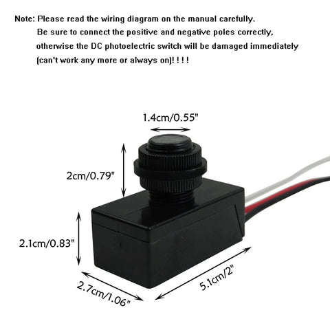 Diagram and measurements of 2 Pack DC 8-50V Photoelectric Light Control Switch Dusk To Dawn Sensor For Outdoor Lighting, 5A Photocell Switch