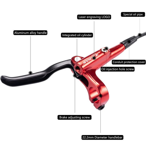Cyclon MTB hydraulic disc brake set, red aluminum lever with black grip, left-front 1000mm hose, right-rear 1700mm hose