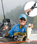 Angler holding fish with Grab And Go Pocket Telescopic Fishing Rod And Reel Combo, collapsible stainless steel pole in boat with inset detail.